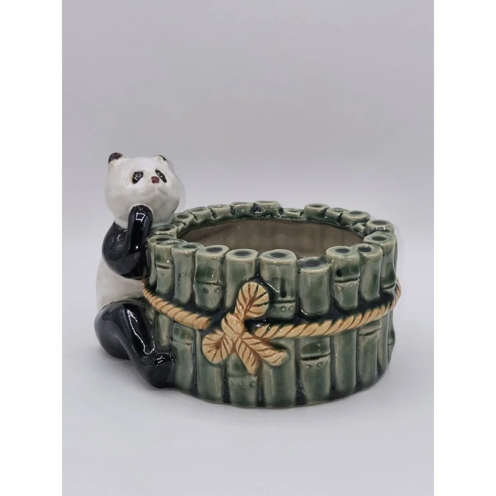 Vintage Panda‎ Bamboo Planter Ceramic Cachepot Jungle Animal Pot Holder